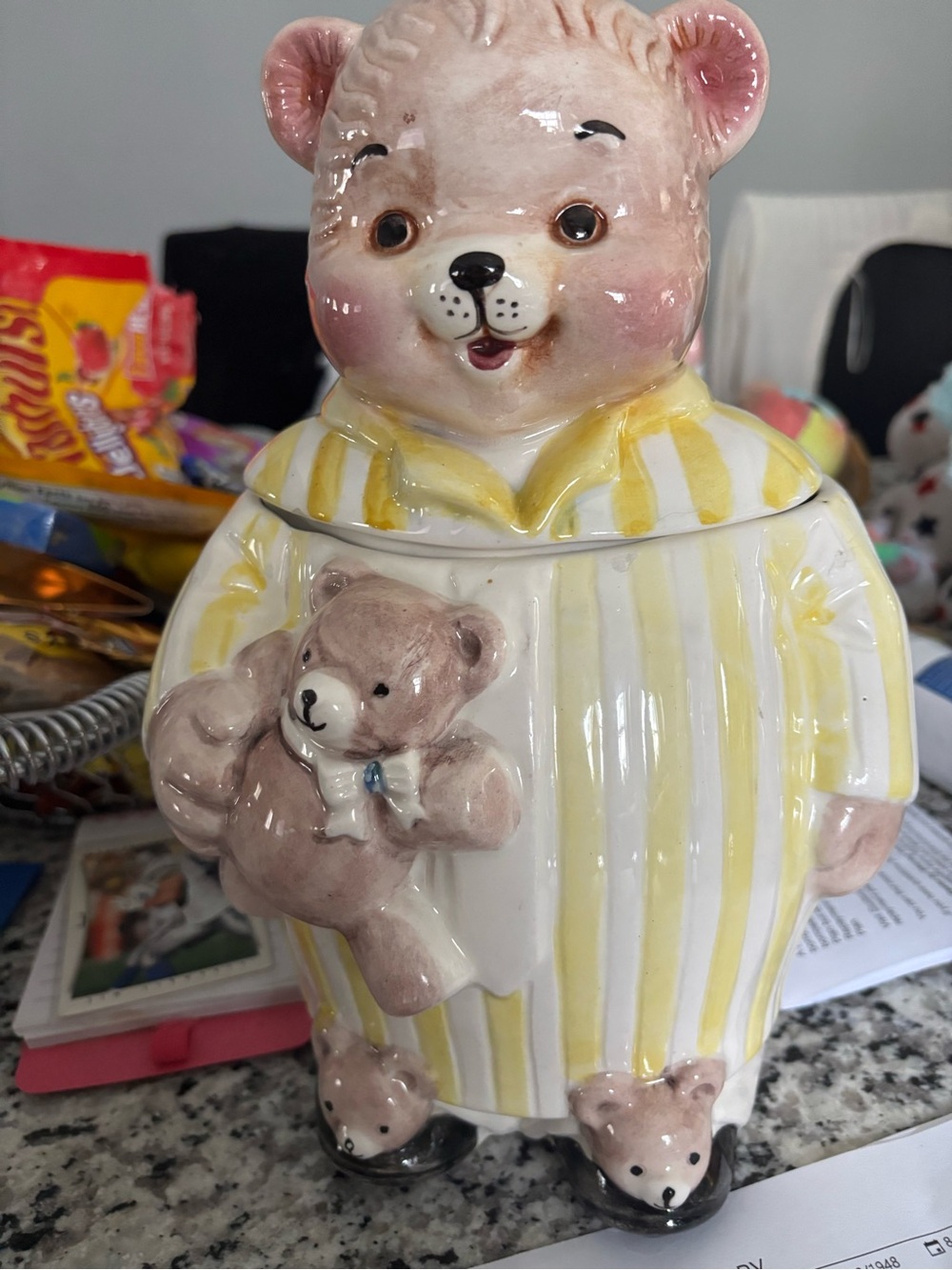 Yellow Striped Ceramic Bear Cookie Jar - Vintage Alberta Molds